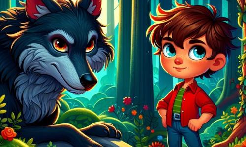 Ein 8-jähriger Junge namens Emil steht mutig vor einem großen bösen Wolf. Emil hat zerzauste kastanienbraune Haare, funkelnde Augen voller Entschlossenheit und trägt ein leuchtend rotes Hemd mit Jeans. Sein Gesicht zeigt eine Mischung aus Angst und Mut, mit einem leichten Lächeln, das seinen Willen zeigt, dem Wolf entgegenzutreten. Der große böse Wolf, riesig und imposant, hat ein pelzschwarzes Fell und silberne Augen, die geheimnisvoll leuchten. Er sitzt auf einem Felsen und schaut Emil mit einem Ausdruck von Traurigkeit und Neugier an. Die Szenerie ist ein tiefes, mysteriöses Waldgebiet mit majestätischen Bäumen und grünen Blättern, die das Sonnenlicht filtern und tanzende Schatten auf den moosbedeckten Boden werfen. Bunte Blumen blühen um sie herum und verleihen der Umgebung einen Hauch von Magie. Die Hauptsituation zeigt Emil, der entschlossen den Wolf anspricht und ihn bittet, das Herz des Waldes zurückzugeben. Der Wolf, obwohl bedrohlich, wirkt zögerlich, als wäre er von Emils Worten berührt.