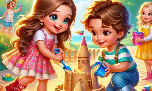 A 4-year-old girl named Maya, with long brown hair and sparkling eyes, joyfully smiles while building a sandcastle. She wears a pink floral dress and shiny red shoes. Next to her, a 5-year-old boy named Sam, with curly hair and sparkling blue boots, uses a bucket to shape a large sand wall. He is focused and smiling, looking at Maya with enthusiasm. In the background, a 3-year-old girl with blonde hair and a yellow dress observes while holding a small shovel, ready to join the fun. The setting is a sunny park with lush green trees, a clear blue sky, and colorful toys scattered around. The golden sand of the playground sparkles in the sun. The scene depicts Maya, Sam, and the little girl building a beautiful sandcastle together, topped with colorful flags, symbolizing friendship and cooperation.