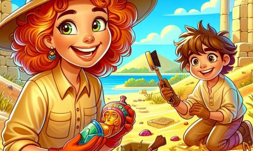 A female archaeologist, Dr. Fiona Stone, is at the center of the image, with curly red hair, wearing a wide-brimmed hat and a beige shirt. She has sparkling eyes and a big smile, holding a small brush in one hand and a piece of colorful pottery in the other. Next to her is a young boy, Benny, about 12 years old, with messy brown hair, observing an ancient piece of glass he just discovered, his eyes wide with curiosity. Their archaeological camp is set up near an ancient beach, with stone ruins and palm trees gently swaying in the wind. The ground is sprinkled with golden sand and fragments of artifacts, while the sky is a bright blue with a few fluffy white clouds. The main scene shows Fiona and Benny uncovering buried treasures, surrounded by archaeological digs and scattered tools, illustrating the excitement and magic of exploring the past.