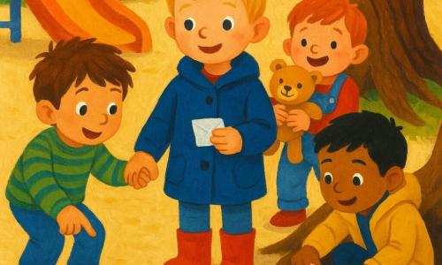 Vier jongens van ongeveer 6 jaar: een blond jongetje met donkerblauwe jas en rode laarzen houdt een gevouwen papiertje en staat voor de oranje glijbaan; een kastanjebruin jongetje met groen gestreepte trui wijst naar een rij kleine rode steentjes links; een zwart harig jongetje in gele jas hurkt bij een grote boomwortel en maakt een klein plastic doosje open in een stippenservet; een roodharig jongetje in spijkerbroek staat achteraan met een glimlachende teddybeer; ze staan dicht bij elkaar, houden elkaars hand of schouder. Zonovergoten schoolplein met zandgrond, bloemenrand links, grote eik rechts en een blauw houten bankje. Ze volgen een bericht, volgen de rode steentjes naar de boom en openen samen de doos met een knuffel; warme, heldere kleuren en blije, verbaasde gezichten, eenvoudige compositie voor 4-jarigen.