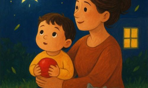Niño de 2 años de rostro redondo, cabello castaño, ojos grandes y curiosos, sostiene una pequeña pelota roja brillante contra el pecho; su madre, unos 30 años, piel clara y cabello castaño en un moño suelto, lo sostiene en brazos con una sonrisa tierna, ambos mirando la misma gran estrella brillante; al pie de la madre, un gato gris llamado Nube, esponjoso y acurrucado. La escena nocturna en un pequeño jardín muestra césped verde con textura de pintura, algunas flores, una ventana con luz cálida y hojas que caen; ambiente de asombro y calma, colores cálidos, texturas de pintura visibles y composición centrada y apacible.