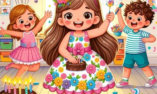 A 4-year-old girl named Lily, with long brown hair and sparkling joyful eyes, stands at the center of the scene, smiling widely with rosy cheeks. She wears a pretty colorful dress with flower patterns and a small party hat. Next to her is a 5-year-old boy named Tommy, with curly hair and great energy, holding colorful balloons floating in the air. He is jumping with joy. Mia, a 4-year-old girl in shiny shoes, is cutting a chocolate cake on a table decorated with colorful garlands. She has a big smile on her face, surrounded by confetti. The setting is a bright classroom adorned with balloons, colorful streamers, and a large table filled with cakes and treats. Children's drawings decorate the walls, adding a cheerful touch to the atmosphere. The main scene shows Lily surrounded by her friends, celebrating her birthday with laughter and singing, while bursts of happiness light up the room.