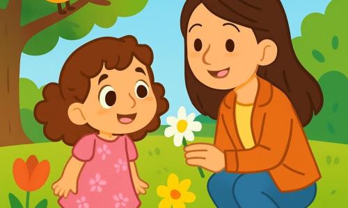 Una niña de 4 años, llamada Luna, con grandes ojos brillantes y cabello rizado castaño, sonríe con asombro al mirar flores coloridas en un parque. Lleva un bonito vestido rosa con estampados de flores y botas de lluvia amarillas. A su lado, su mamá, una mujer de unos 30 años, con cabello largo y liso, vestida con una chaqueta ligera y pantalones de mezclilla, se agacha para mostrarle una margarita, con una dulce sonrisa en el rostro. El parque está lleno de vegetación, con árboles de hojas brillantes y un cielo azul salpicado de nubes blancas. Flores de todos los colores, como tulipanes rojos y narcisos amarillos, florecen a su alrededor, mientras un pequeño pájaro canta en una rama cercana. Luna y su mamá exploran el parque en primavera, maravilladas por la belleza de las flores y los pájaros, compartiendo un momento de alegría y descubrimiento juntas.