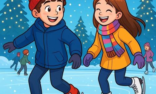 Um garoto de 12 anos, com cabelos castanhos e cacheados, usa um gorro vermelho vivo e um grosso casaco azul. Seu rosto expressa alegria e excitação, com bochechas rosadas pelo frio. Ele está patinando em uma pista de patinação, deslizando com um sorriso radiante, os braços levemente abertos para manter o equilíbrio. Ao seu lado, uma menina de 11 anos, com cabelos longos e lisos, usa um cachecol multicolorido e luvas roxas. Ela ri tentando alcançá-lo, com os olhos brilhando de felicidade. O cenário é uma pista de patinação ao ar livre, cercada por pinheiros cobertos de neve, sob um céu azul brilhante. Luzes cintilantes decoram as árvores, criando uma atmosfera festiva. A cena mostra o garoto e a menina se divertindo juntos, deslizando sobre o gelo, cercados por outras crianças que patinam e riem, enquanto flocos de neve caem suavemente ao redor deles.