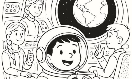 Een jongen — Milan — is astronaut, rond gezicht en korte bruine haren onder een transparant vizier, verwonderd glimlachend en zwevend in de cabine met een kleine camera; een meisje — Mila — zit iets achter links, glimlachende tiener met gevlochten haar die Milan bekijkt en duim omhoog steekt bij een bedieningspaneel; rechts Tom, blond jongetje, telt op zijn vingers en kijkt naar het raam bij een console; achteraan Noor, chef met kort grijs haar, rustig bedient instrumenten vanaf een hoger zitje; locatie: gedetailleerde ruimteschipcabine met gladde metalen oppervlakken, getextureerde stoelen, grote ronde ramen en knoppen; scène: Milan neemt een foto van de blauwe-witte aarde door het grote raam terwijl een bolvormige waterdruppel bij zijn hand zweeft, zachte rustige sfeer en compositie gecentreerd op het raam en de astronaut.