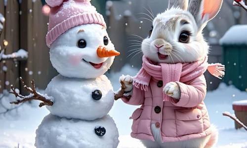 Um pequeno porquinho travesso chamado Lino, um adorável coelhinho com grandes orelhas e pelagem macia, está construindo um boneco de neve em um jardim coberto de neve. Ele sorri amplamente, com os olhos brilhando de alegria enquanto rola uma bola de neve. Ao lado dele, sua mãe, Dona Lala, uma doce coelha com um casaco rosa e um bonito lenço, o encoraja com um sorriso caloroso, segurando uma cenoura para o nariz do boneco de neve. O jardim está coberto por uma espessa camada de neve cintilante, com árvores cujos galhos estão carregados de flocos brancos, e um céu cinza claro onde alguns flocos caem suavemente. A cena mostra Lino e sua mãe criando um alegre boneco de neve, cercados pela magia do inverno, repleta de risos e felicidade.