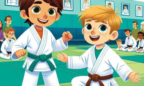 Un băiat de 6 ani, Andrei, cu părul castaniu în dezordine și un zâmbet larg, poartă un gi alb de judo. Se antrenează pe un tatami, arătând o poziție de judo cu determinare și bucurie. Lângă el, Radu, un alt băiat de 6 ani, are părul blond și ochii strălucitori de entuziasm. Îl imită pe Andrei, pregătit să învețe, cu un zâmbet mic pe față. Decorul este o sală de sport luminoasă, cu pereți vopsiți în albastru deschis și covoare de judo verzi pe podea. Postere cu campioni de judo împodobesc pereții, iar părinții stau pe bănci, privindu-și copiii cu mândrie. Situația principală îi arată pe Andrei și Radu în plină demonstrație de judo, încurajându-se reciproc, înconjurați de alți copii care se antrenează, creând o atmosferă de camaraderie și bucurie.