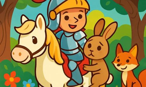 Eine mutige Ritterin namens Ida steht stolz auf ihrem weißen Pferd Lila. Sie trägt eine glänzende silberne Rüstung, die unter der Sonne funkelt, mit einem goldenen Helm und einem entschlossenen Lächeln auf ihrem Gesicht. Neben ihr kuschelt sich ein kleiner brauner Hase namens Hasi mit großen traurigen Augen an Lila und schaut Ida dankbar an. Ein kleiner schlauer Fuchs, etwa 5 Jahre alt, mit leuchtend rotem Fell, steht im Hintergrund, mit aufgerichteten Ohren, bereit zu helfen. Die Szene spielt in einem verwunschenen Wald, wo große Bäume mit knorrigen Stämmen majestätisch aufragen und ihre grünen Blätter das goldene Licht der Sonne filtern. Bunte Blumen bedecken den Boden und schaffen einen Teppich aus lebhaften Farben. Ida streckt entschlossen die Hand nach Hasi aus, um ihn zu ermutigen, auf Lila zu steigen, während der Fuchs sie mit einem schelmischen Lächeln beobachtet, bereit, sie auf dem Rückweg zu führen.