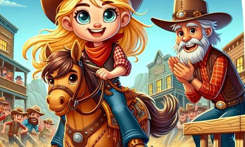 Clara, odważna cow-girl mająca około 12 lat, dumnie stoi na swoim koniu o imieniu Błysk, z unoszącymi się na wietrze złotymi włosami i błyszczącymi od ekscytacji oczami. Ma na sobie kapelusz kowbojski, czerwoną koszulę w kratę i dżinsy, a jej twarz wyraża radosną determinację, gdy przygotowuje się do wyścigu. Obok niej siedzi Hank, mężczyzna mający około 60 lat z siwą brodą i ciepłym uśmiechem, który z zapałem klaskał i dopingował Clarę. Tło stanowi mała wioska na Dzikim Zachodzie, z drewnianymi domami, tętniącymi życiem saloonami i kowbojami poruszającymi się w złotym kurzu pod jasnoniebieskim niebem. Główna scena pokazuje Clarę gotową do startu w wyścigu, podczas gdy tłum wokół niej jest w ekscytacji, tworząc atmosferę rywalizacji i koleżeństwa.
