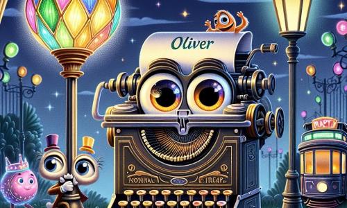 In the center of the image, Oliver, an old vintage typewriter, is depicted with shiny metal keys and a colorful ink ribbon. His eyes, made of small buttons, express intense determination as he frantically types, creating magical words that float around him. To his right, Lila, an animated lamp-post, stands proudly with a colored glass lampshade casting a warm light. She smiles kindly, lighting the way for Oliver. To the left, Max, a bright old tram, is shown with moving wheels, his eyes full of wisdom and experience. He looks at Oliver with pride, ready to support him in this adventure. The setting unfolds in a magical urban park, where majestic trees with shimmering leaves rise under a starry sky. Colorful neon lights illuminate the path, and fantastical creatures hide in the shadows, adding a touch of mystery to the environment. The main scene shows Oliver and his friends united in an epic battle against a threatening shadow, symbolizing "The Veil," looming behind them, ready to engulf the light of the city's heart. The magical words Oliver types soar into the air, illuminating the scene with a vibrant and hopeful glow.