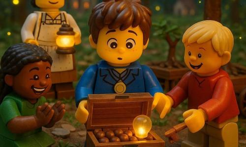 Un niño de 6 años de rostro redondo y pelo castaño alborotado, mirada maravillada, sostiene abierta una caja de madera tallada y muestra semillas marrones redondas a la luz; lleva un traje azul algo grande y una medalla en el pecho; a la derecha Lucio, ~7, rubio y sonriente, empuja la caja; a la izquierda Lía, ~6, con trenzas y mirada traviesa, aplaude; detrás Marta, panadera de ~35 años con el pelo recogido y delantal, sostiene una pequeña lámpara circular que emite una luz cálida; Don Pedro, jardinero de ~50 años con barba gris y peto terroso, sonríe y ofrece una pequeña llave de madera junto a un carro bajo; todo en una clara arbolada con hierba baja, un pequeño ciruelo con raíces visibles y piedras planas, luciérnagas amarillas y verdes como puntos luminosos; la caja tiene cierre con tres moleteras numeradas 5‑6‑1 y en su interior además de las semillas una minúscula lamparita brillante; atmósfera cálida y colaborativa, colores terrosos suaves, contrastes de luz cálida de la lámpara y fríos de las luciérnagas, composición centrada en el niño y la caja con primeros planos de manos y semillas y fondo del pueblo y árboles desenfocado en estilo ilustrativo LEGO con ladrillos nítidos, ángulos rectos, personajes expresivos y sombras suaves.