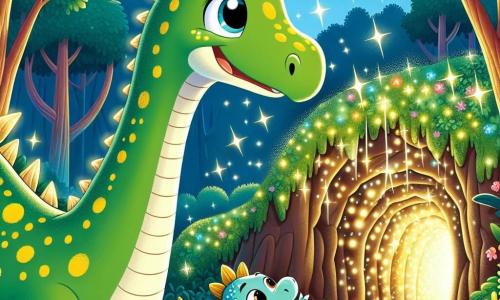 Un diplodocus numit Dimi, cu un gât lung și elegant și o piele verde presărată cu pete galbene, se află în centrul imaginii, arătând o expresie de curiozitate și uimire. El privește cu entuziasm o lumină strălucitoare care provine dintr-o peșteră misterioasă. La dreapta sa, un dino mic numit Dino, cu solzi roșii și ochi sclipitori, sare de bucurie, în timp ce la stânga sa, Lila, un dino mic albastru cu pete albe, zâmbește și arată spre peșteră. În fundal, o pădure luxuriantă de copaci mari cu frunze vibrante și flori colorate înconjoară scena, în timp ce un cer albastru strălucitor luminează totul. Situația principală arată cum Dimi și prietenii săi descoperă peștera magică, plină de cristale strălucitoare, pregătiți să trăiască o nouă aventură.