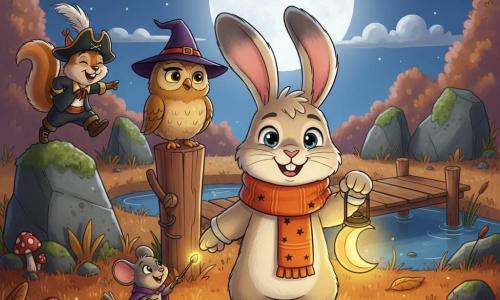 The main character is a young anthropomorphic rabbit with long floppy ears and cream fur speckled with gray, wearing a chunky orange scarf with small black stars, smiling proudly with bright eyes and holding a small moon-shaped lantern in his right forepaw; Olive, a small owl perched on a wooden post behind him, has golden-brown plumage, a tiny black witch hat and a wise amused tilt of the head; Maggie, a tiny mouse in a purple cape, stands by the rabbit’s feet smiling in wonder and pointing a thin wand topped with a shiny pebble toward the lantern; Pip the squirrel, dressed as a pirate, frolics on a rock in the left background, hat askew, laughing at the group. The setting is an autumn clearing: russet grass strewn with orange and yellow leaves, red-and-white mushrooms, an old mossy stone circle and a wooden jetty leading to a small pond reflecting a round moon. The scene centers on the group beneath a large Halloween moon breaking through clouds, silver light on faces, carved lanterns casting soft shadows—warm, nocturnal, magical atmosphere with saturated colors and strong contrast.
