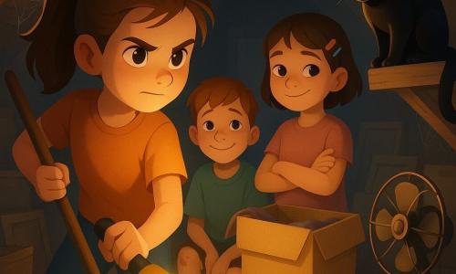 Zwölfjähriges Mädchen mit entschlossenem Gesicht, braunen Pferdeschwanz, Staubfleck auf der Nase, hält eine gelbe Taschenlampe und schiebt einen alten Holzbesen; etwa elfjähriger Junge mit Sommersprossen, zu großem T‑Shirt und aufgeschürften Knien sitzt hinter einem umgestürzten Möbel, schuldig und erleichtert lächelnd zur Mädchen; etwa zehnjähriges Mädchen mit kurzen Haaren und bunten Haarklammern, Arme verschränkt, lächelnd, hält einen Karton mit alter Decke; schwarze Katze mit gelbem Blick auf einem Holzbalken, glänzendes Fell, neugierig bereit, in den Karton zu springen; alter Metallventilator auf einer Kiste mit Rostmustern und verhedderten Drähten im Vordergrund; schmaler Dachboden, lampenbeleuchtet, abgenutzte Dielen, schräge Holzbalken, Kartonstapel, alte Bilderrahmen und feine Spinnweben, warme Lichtstimmung mit tiefen Schatten; Szene des Rettungsmoments: Mädchen leuchtet die Katze an, Junge hat die Tür freigemacht, zweites Mädchen hält den Karton bereit, abenteuerliche Atmosphäre, Staub in der Luft, Erleichterung und Verbundenheit der Kinder.