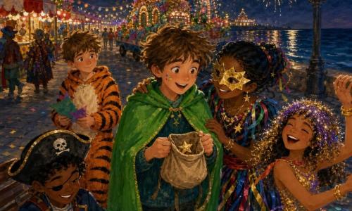 Timo (12) kijkt blij en verwonderd, draagt een felgroene cape en houdt een open beige zakje met één gouden confettister; Noor (12) glimlacht ondeugend, zwart haar in een staart, draagt een sterrenscherm en een jurk met linten en stoot hem vriendelijk aan; Sem (11) in een oranje tijgerkostuum staat iets achter links met een kleurrijk papiertje; Lina (12) met krullen en een glinsterende pruik lacht en danst bij een lantaarnpaal; Bram (9) met piratenhoed zit op een bankje en knipt confetti; locatie: drukke zeedijk ’s nachts met grijze bestrating, kleurige lampionnen, rood-witte kramen, praalwagens en vuurwerk dat de donkere zee weerspiegelt; situatie: carnavalsparade met warme lichtjes en vuurwerk, het zakje is leeg maar gevuld met woorden en vriendschap terwijl één gouden confettister zachtjes in het zakje valt; stijl: gestructureerde gouache, felle dekkende kleuren (groen, rood, goud, marineblauw), glinsterende accenten en zachte, licht vage contouren voor een warme, sprookjesachtige sfeer.