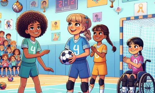 În centrul imaginii, Ana, o fetiță de zece ani cu părul creț și ochi strălucitori, zâmbește fericită ținând o minge de handbal. La stânga ei, Maria, o altă fetiță de zece ani cu părul blond și împletituri, aplaudă entuziastă, purtând un tricou sportiv colorat. La dreapta, Ioana, o fetiță de zece ani cu părul drept și negru, se pregătește să paseze, concentrată și hotărâtă. În fundal, Andreea, o fetiță de zece ani în scaun cu rotile, zâmbește și își încurajează prietenele, arătând o mare forță de caracter. Locul este o sală de sport luminoasă, cu pereți colorați în albastru și linii albe care marchează terenul de handbal. Situația principală arată cele patru fete în acțiune, antrenându-se împreună pentru un meci de handbal. Ana pasează mingea către Ioana, în timp ce Maria se pregătește să marcheze un gol, iar Andreea le încurajează cu un zâmbet mare, simbolizând spiritul de echipă și prietenia.