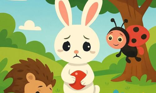 Un piccolo coniglio bianco di nome Tommy, con grandi orecchie e occhi brillanti, si trova al centro dell'immagine, con un'espressione triste e pensierosa, le zampe anteriori appoggiate sul ventre. A destra, una coccinella rossa con pois neri, Lila, vola allegramente, ma il suo sorriso è un po' incerto, come se si stesse chiedendo cosa stia succedendo. A sinistra, un piccolo riccio, Bruno, con aculei marroni e uno sguardo preoccupato, cerca sotto un cespuglio, le sue piccole zampe frugano nel terreno. Lo sfondo è un magnifico prato verde, punteggiato di fiori colorati e un grande albero con rami estesi, sotto il quale si svolge la scena. La luce del sole filtra tra le foglie, creando ombre morbide sul terreno. La situazione principale mostra Tommy, il coniglio, che ammette di aver nascosto la palla rossa di Bruno, circondato dai suoi amici che lo ascoltano attentamente, illustrando un momento di verità e riconciliazione.