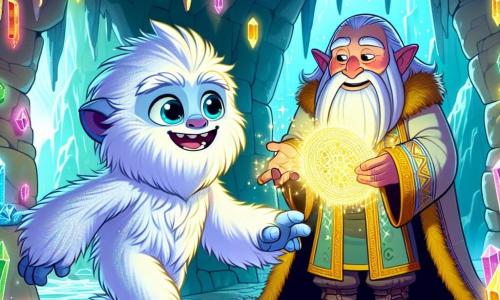 Un joven yeti llamado Koda, con un pelaje blanco brillante y ojos llenos de curiosidad, está en el centro de la escena, mostrando una expresión de asombro y determinación. Explora una caverna mágica, tocando piedras preciosas que iluminan su rostro. A su lado, Elor, un pequeño anciano con orejas puntiagudas y una larga capa colorida, sonríe amablemente, sosteniendo un antiguo grimorio que brilla con luz dorada. La caverna está decorada con paredes brillantes llenas de gemas multicolores que emiten reflejos luminosos, creando una atmósfera mágica. Koda descubre un pasaje secreto, listo para embarcarse en una aventura mágica, mientras Elor le explica la importancia de su misión para restaurar el equilibrio entre los reinos.
