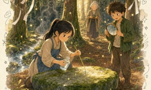 Aoi, niña de 10–12 años, rostro redondo, coleta negra, expresión dulce y decidida, vestido beige y delantal azul, arrodillada ante una gran piedra musgosa sosteniendo un pequeño frasco de agua y una pajita dorada; Kenji, niño de 10–12 años, pelo castaño despeinado, sonrisa tímida, chaqueta verde, de pie a la derecha mirando la piedra con asombro y sosteniendo un espejo redondo ligeramente agrietado; Oba, mujer mayor de unos 70 años, cabello gris en moño, piel arrugada y ojos benevolentes, en la entrada del sendero en el fondo con un cuenco de té; claro del bosque de cedros con suelo de agujas y musgo, piedra plana central, arroyo estrecho a la izquierda y cintas blancas en las ramas; Aoi y Kenji colocan tres ofrendas (frasco de agua, pajita dorada, espejo agrietado) mientras una niebla vagamente humanoide emerge entre las sombras; atmósfera tranquila con luz dorada de atardecer, luciérnagas y partículas luminosas; estilo: colores cálidos y naturales, textura de papel acuarela, trazos suaves, expresiones claras para niños y pequeños doodles (granitos de arroz, gotas, lunas) alrededor.