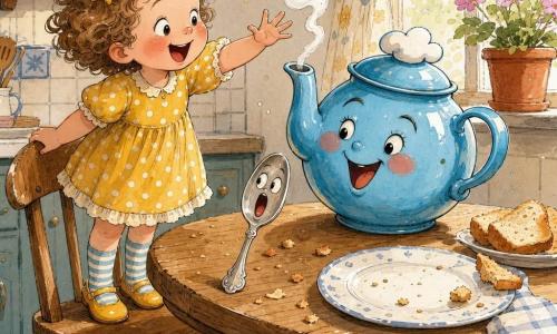 A small, round 4-year-old girl with short light brown curly strands looks amazed and laughing, wearing a yellow polka-dot dress and striped socks, standing on a wooden chair reaching toward a personified sky-blue teapot with rosy cheeks, a cloud-shaped steam hat, a mischievous smile and a puff of steam; a silver spoon with drawn eyes and an open mouth like an opera singer rests on the table near a plate of crumbs; in a warm kitchen with a light wood table, simple tiles, soft morning light, toast crumbs and a flower pot on the windowsill, the playful girl interacts with the magical teapot while the spoon seems about to sing, creating a funny, fantastical moment.