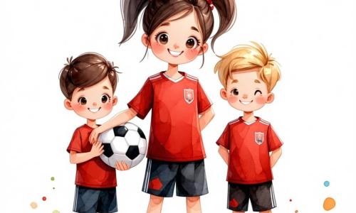 Andreea, o fată de 12 ani, este în centrul imaginii, având părul brun prins într-o coadă de cal. Ea poartă un tricou de fotbal roșu și o pereche de pantaloni scurți negri, cu adidași albi. Fața ei exprimă o mare bucurie și entuziasm în timp ce zâmbește, ținând un mingea de fotbal sub braț. Lângă ea, Mihai, un băiat de 10 ani, are părul blond și dezordonat și poartă un tricou albastru și pantaloni scurți verzi. El râde, cu brațele ridicate în semn de victorie, stând aproape de Andreea. Mai departe, Ana, o fată de 9 ani cu părul creț și o rochie colorată, aplaudă cu entuziasm, având ochii strălucind de admirație pentru Andreea. Scena se desfășoară într-un parc verde, cu copaci în floare și un cer albastru strălucitor. În fundal, se poate vedea un teren de fotbal cu iarbă, unde alți copii se joacă cu bucurie. Situația principală o arată pe Andreea împărtășind trucuri de fotbal cu copiii, toți adunați în jurul ei, râzând și distrându-se, creând o atmosferă de camaraderie și bucurie.