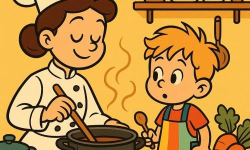 Eine junge Frau, Mira, lächelnd und konzentriert, trägt eine makellose weiße Chefjacke und eine Kochmütze. Sie rührt in einem großen Topf mit einem langen Holzlöffel. Ihr braunes Haar ist zu einem Dutt gebunden. Ein sechsjähriger Junge mit zerzaustem blondem Haar beobachtet Mira neugierig, stehend neben ihr auf einem Hocker. Er trägt eine bunte Schürze und hält einen kleinen Löffel. Die Küche ist warm und einladend, mit gelben Wänden und Regalen voller Gewürze und Utensilien. Die Hauptsituation zeigt Mira und den Jungen beim gemeinsamen Kochen, umgeben von duftendem Dampf und frischem Gemüse, das auf der Arbeitsfläche verteilt ist.