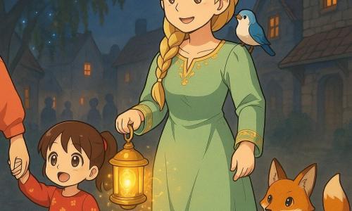 A smiling, gentle woman called the Lantern Lady with wheat-blond braided hair and bright hazel eyes wears a pale green embroidered long dress and calmly walks holding a small golden lantern that emits a warm, powdery light; a ~6-year-old girl with brown pigtails and a red floral dress stands left of the Lantern Lady holding an adult's hand and gazing in wonder at the lantern; a tiny blue-and-white bird perches on the Lantern Lady's shoulder as if singing, and a friendly red fox trots behind her; the scene is a village at dusk with stone houses, wet cobbled lanes, willow trees strung with small blue lights and a soft golden mist at their feet, the Lantern Lady walks through a gray-shadowed village while her lantern casts warm golden rays that turn the mist into luminous patterns and reveal curious villagers as silhouettes in the background, creating a magical, gentle, comforting atmosphere in a clean-lined, child-friendly manga style with soft saturated colors and readable exaggerated expressions.