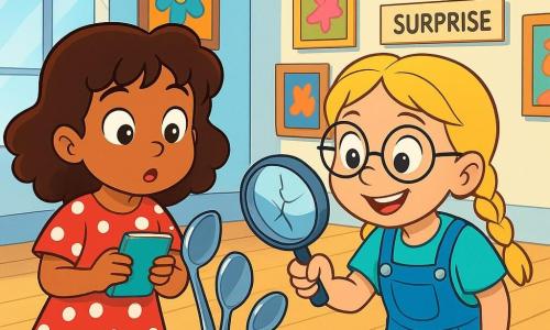 There are 2 main characters: - A girl named Maya, 6 years old, with curly brown hair and sparkling eyes. She wears a red dress with white polka dots and holds a small notebook in one hand. She stands on the left of the image, looking curiously. - A girl named Lila, 6 years old, with blonde hair in braids and round glasses. She wears blue overalls and holds a magnifying glass with a small crack. She is on the right of the image, smiling and observing intently. The setting is a bright art gallery with large windows letting in soft light. Colorful paintings with playful shapes are hung on the walls. A small sign reads "Gallery: Today's Surprise." The floor is light, well-polished wood. The main scene shows Maya and Lila discovering a clue near a small sculpture made of shiny spoons. They are focused, with expressions of wonder and determination, as they follow a small trail of water droplets on the floor.