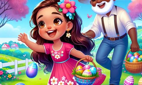 Una bambina di 4 anni, Sofia, con lunghi capelli castani e occhi scintillanti di gioia, indossa un vestito rosa a fiori. Sta saltando di felicità scoprendo un grande uovo di Pasqua blu brillante nascosto nell'erba verde. Accanto a lei c'è il nonno, un uomo anziano con barba bianca e un cappello di paglia, che sorride orgoglioso mentre tiene un cestino pieno di uova colorate. Lo scenario è una bella fattoria immersa nella natura, con alberi in fiore, un cielo azzurro chiaro e un campo di fiori multicolori. La scena rappresenta il momento magico in cui Sofia e il suo nonno partono per la caccia alle uova di Pasqua, circondati da risate e meraviglia.