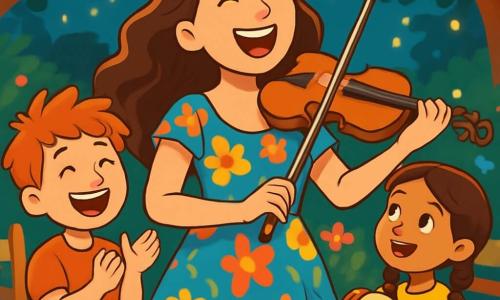 Joana, uma mulher de cabelos longos e ondulados, sorri entusiasticamente, segurando um violino nos braços. Seu rosto irradia alegria e excitação, com os olhos brilhando de amor pela música. Ela veste um vestido colorido, decorado com padrões florais, que dança ao seu redor enquanto se prepara para cantar. Ao seu lado, Tiago, um menino de 8 anos com cabelos ruivos desgrenhados, bate palmas alegremente em ritmo, seu rosto iluminado por um grande sorriso. Sofia, uma menina de 7 anos com tranças, segura um pequeno pandeiro e observa Joana com admiração, seus olhos brilhando de entusiasmo. A cena acontece em um jardim encantador, cheio de flores coloridas e luzes cintilantes, onde cadeiras estão dispostas ao redor deles. Luzes penduradas nas árvores criam uma atmosfera festiva e acolhedora. Joana e as crianças se preparam para dar um concerto improvisado, cantando juntas uma melodia alegre, com os rostos radiantes de felicidade e excitação, enquanto o público, composto por famílias e amigos, os escuta com admiração.
