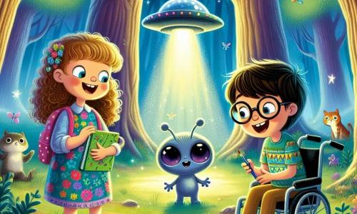 Una niña de 8 años, con cabello rizado y una gran sonrisa, lleva un vestido colorido y mira con asombro a un pequeño extraterrestre azul, que tiene grandes ojos violetas y un cuerpo brillante. A su lado, un niño de 9 años, que lleva gafas y una camiseta de estampados, sostiene un cuaderno de bocetos, listo para dibujar este increíble encuentro. Otro personaje, una niña de 10 años en silla de ruedas, tiene el cabello largo y liso, y sonríe alegremente, sosteniendo una pequeña herramienta de reparación para ayudar al extraterrestre. La escena se desarrolla en un antiguo bosque encantado, donde los árboles son altos y majestuosos, y sus hojas brillan bajo la luz del sol. En el centro, un claro bañado de luz revela una nave espacial brillante, rodeada de flores coloridas y pequeños animales curiosos que observan la escena. Los tres amigos humanos encuentran a un extraterrestre que ha aterrizado accidentalmente en su bosque, y juntos se preparan para ayudarlo a reparar su nave espacial, creando así un momento mágico de amistad intergaláctica.