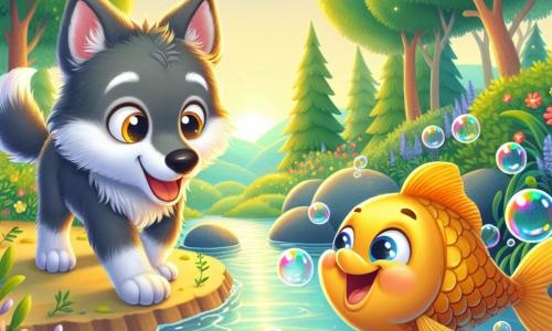 Um pequeno lobo chamado Lupi, com pelagem cinza e olhos brilhantes de curiosidade, está inclinado sobre um riacho cintilante, rindo alto enquanto tenta falar com os peixes. Ao seu lado, um peixinho dourado, alegre e travesso, nada na superfície da água, com um grande sorriso e bolhas ao seu redor, pronto para uma corrida de bolhas. A cena acontece em uma floresta encantada, com árvores de folhas verdes vibrantes e flores coloridas ao longo do riacho, enquanto o sol se põe no horizonte, projetando sombras suaves e douradas. Lupi e o peixinho se divertem juntos, criando bolhas de água que estouram em risadas, ilustrando um momento de alegria e camaradagem.
