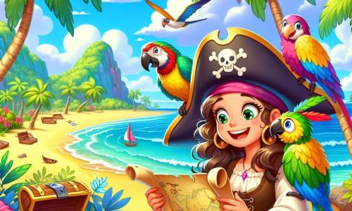 Scena o arată pe Maria, o tânără pirat cu părul lung și ondulat, purtând o pălărie de pirate împodobită cu pene colorate. Ea zâmbește larg, exprimând bucurie și entuziasm în timp ce descoperă o veche hartă a comorii. Lângă ea, Timmy, un papagal colorat, stă pe umărul ei, având pene verzi și galbene, strigând de bucurie. Puțin mai departe, Radu, un bărbat în vârstă cu barbă gri și un aspect înțelept, observă harta cu interes, ținând o busolă în mâini. Decorul se desfășoară pe o insulă tropicală, cu palmieri măreți, flori strălucitoare și o plajă de nisip auriu. În fundal, se văd valuri blânde care se sparg de țărm și un cer albastru presărat cu nori albi. Situația principală arată cum Maria, Timmy și Radu descoperă harta comorii, înconjurați de frumusețea insulei, pregătiți să plece în aventură pentru a găsi recompensa prețioasă ascunsă.