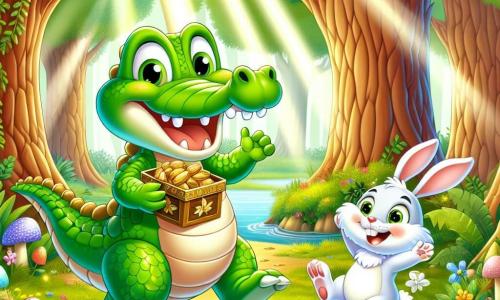 Un crocodil vesel numit Cocolino, cu o piele verde strălucitoare și ochi jucăuși, stă în centrul scenei, zâmbind larg în timp ce ține o cutie mică decorată cu frunze. Lângă el, un iepuraș alb numit Fulg de Nea, cu urechi mari și blană moale, sare de bucurie, cu ochii mari de entuziasm. Scena se desfășoară într-o pădure fermecată, unde copacii majestuoși cu trunchiuri groase și frunze strălucitoare creează o atmosferă magică. Razele soarelui filtrează prin frunziș, iluminând solul acoperit cu flori colorate și iarbă verde. Cocolino și Fulg de Nea au descoperit o cutie plină cu nuci aurii, gata să fie împărtășite cu toți prietenii lor din pădure, și se pregătesc să alerge împreună pentru a răspândi bucuria și râsetele în jurul lor.