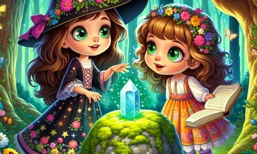 Emilia, o fetiță de opt ani, este o ucenică vrăjitoare cu părul lung și castaniu și ochi strălucitori de curiozitate. Poartă o rochie colorată cu motive florale și ține în mână un cristal magic care strălucește, având pe față o expresie de uimire și determinare. Lângă ea se află Mia, o altă ucenică vrăjitoare de șapte ani, cu părul creț și ochi verzi. Zâmbește fericită, ținând un carte de vrăji deschisă, pregătită să o ajute pe Emilia. Scena se desfășoară într-o poiană fermecată, înconjurată de copaci majestuoși, unde flori multicolore dansează în vânt. În mijlocul poienii, o piatră mare acoperită de mușchi adăpostește o vrăjitoare bătrână adormită, adăugând un strop de mister. Emilia și Mia stau în fața pietrei, povestind o poveste magică pentru a o trezi pe vrăjitoare, cu fețele luminate de entuziasm și speranță, în timp ce fluturi colorați zboară în jurul lor, creând o atmosferă feerică.
