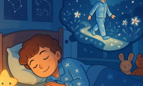 Ein 12-jähriger Junge mit lockigem, kastanienbraunem Haar liegt auf seinem Bett, ein friedliches Lächeln im Gesicht, die Augen geschlossen, in einen sanften Schlaf vertieft. Er trägt einen hellblauen Schlafanzug mit weißen Sternen, und ein schwaches goldenes Licht strahlt von seinem offenen Buch neben ihm aus. In der Nähe leuchtet eine kleine Nachtlampe in Form eines Sterns mit beruhigendem Licht und schafft eine warme Atmosphäre. Das Zimmer ist mit Postern von Sternbildern und weichen Plüschtieren dekoriert, und leichte Vorhänge lassen etwas Mondlicht herein. In dieser friedlichen Szene träumt der Junge von einem hellen Weg in einem sternenübersäten Garten, wo funkelnde Blumen sanft im Rhythmus einer leichten Brise tanzen.