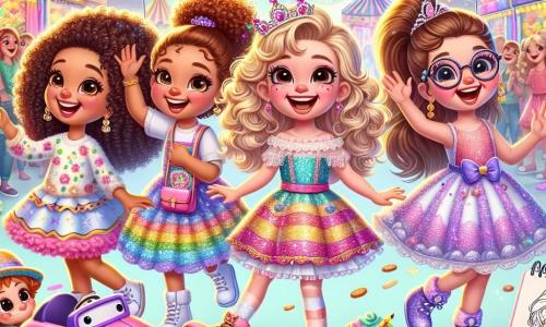 Al centro dell'immagine, quattro amiche stanno ballando felicemente. Emma, una bambina di sette anni con capelli ricci e un grande sorriso, indossa un costume colorato con paillettes scintillanti. Alla sua destra, Sofia, anche lei di sette anni, ha capelli lunghi e lisci e indossa un divertente cappello da clown. A sinistra, Giulia, una piccola di sette anni con occhiali e un vestito a fiori, tiene un quaderno da disegno in una mano, pronta a disegnare. Infine, Mia, una bambina di sette anni in un bel vestito rosa, è nella sua macchinina, ridendo e applaudendo mentre guarda le altre ballare. Sullo sfondo, il carnevale di Colorfulia si estende a perdita d'occhio, con stand di dolci colorati, palloncini fluttuanti e luci scintillanti. La scena principale mostra le quattro amiche che ballano insieme, circondate da coriandoli che cadono dal cielo, mentre un clown gioioso e un orso di marzapane le incoraggiano a unirsi alla festa. L'immagine trasmette un'atmosfera di gioia e amicizia, catturando lo spirito del carnevale.