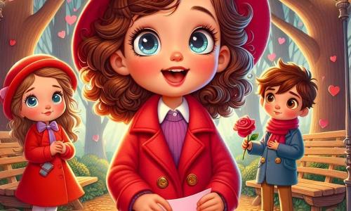 Clara, una ragazza di 11 anni con capelli castani ricci e occhi pieni di curiosità, si trova al centro dell'immagine, con un sorriso radioso e una lettera rosa in mano. Indossa un cappotto rosso vivo e un berretto abbinato, in una postura entusiasta, pronta a scoprire un segreto. Alla sua destra, Luca, un ragazzo di 12 anni con capelli castani e guance leggermente arrossate, guarda timidamente Sofia, una ragazza di 11 anni con lunghi capelli biondi e occhi blu, che si trova a sinistra di Luca. Luca tiene una rosa rossa in mano, mentre Sofia mostra un sorriso dolce e sorpreso, con le mani incrociate davanti a sé. La scena si svolge in un parco incantevole, con alberi grandi carichi di cuori di carta e panchine in legno decorate con ghirlande colorate. Il terreno è coperto di foglie dorate e un cielo crepuscolare rosa e arancione aggiunge un tocco magico all'atmosfera. Clara, messaggera dell'amore, rivela la lettera misteriosa a Luca e Sofia, creando un momento di sorpresa ed emozione per celebrare la festa di San Valentino.