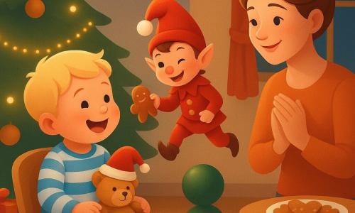 Dwulatek, radosny i zachwycony, z krótkimi blond włosami i pulchną twarzyczką, w pasiastych niebiesko-białych piżamkach, siedzi na małym drewnianym foteliku i śmieje się na widok miniaturowej czapeczki na swoim przytulance; figlarny, drobny i żywy męski elf w czerwonym kostiumie z złotymi guzikami i kapturkiem z pomponem skacze na bombkę choinkową i puszcza oko, podając ciasteczko chłopcu; mama około 30 lat, uśmiechnięta, kasztanowe włosy upięte w kok, stoi przy drzwiach salonu ze złączonymi dłońmi i czuło obserwuje scenę; przytulny świąteczny salon z kremowym miękkim dywanem, dużą choinką ozdobioną złotymi girlandami, kolorowymi prezentami, drewnianym stolikiem z ciasteczkami w kształcie serc i oknem z lekko podciągniętymi czerwonymi zasłonami; sytuacja: elf robi drobne świąteczne psoty — zakłada mini czapeczkę na przytulankę i przesuwa ciasteczko w stronę chłopca — chłopiec się śmieje, mama patrzy z czułością; ciepłe kontrastowe kolory, miękkie faktury, delikatne światło girlandy, czytelne przyjazne wyrazy twarzy.