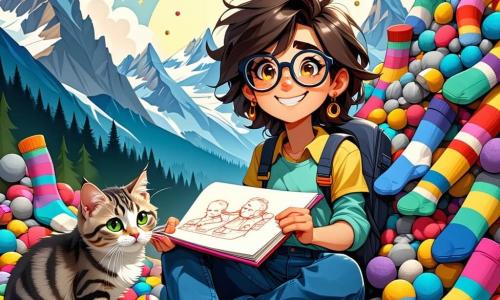 Lila Lópex, una joven con el cabello despeinado y grandes gafas redondas, sonríe con entusiasmo, los ojos brillando de emoción. Está sentada en el suelo, rodeada de montañas de calcetines multicolores, sosteniendo un boceto de su máquina extravagante. A su lado, su gata Cacahuete, una pequeña bola de pelo gris con ojos verdes traviesos, juega con un calcetín rosa que rueda. La escena se desarrolla en la habitación de Lila, llena de trastos: herramientas esparcidas, dibujos colgados en las paredes y una ventana abierta que deja entrar la luz del sol, iluminando los colores vivos de los calcetines. Lila sueña con su máquina de calcetines, imaginando cómo podría mantenerlos juntos, mientras Cacahuete se divierte haciendo rodar los calcetines, añadiendo un toque de caos alegre a la invención.