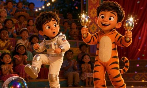 Hay dos niños protagonistas: Pablo, de unos 7 años, con disfraz de tigre naranja a rayas negras, pelo corto castaño, en el centro sacudiendo maracas plateadas y doradas que lanzan destellos, y Lucas, también de unos 7 años, con traje de astronauta blanco y plateado y casco reflectante a su lado, bailando levantando un pie y con expresión de asombro; la escena transcurre al crepúsculo en un gran anfiteatro al aire libre con gradas de madera llenas de público disfrazado, farolillos amarillos y rojos, un telón rojo con borde dorado y suelo iluminado por focos; ambiente festivo con aplausos, confeti y composición centrada en los dos niños con el público desenfocado detrás.