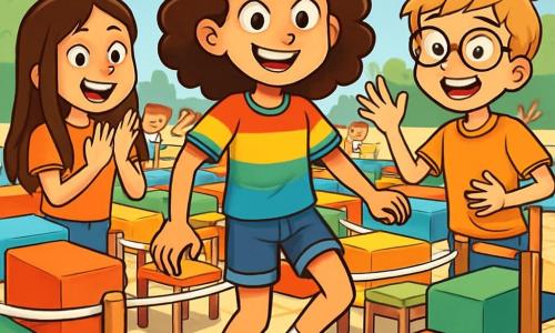 Una ragazza di 12 anni, Giorgia, con capelli ricci castani e occhi scintillanti di malizia, si trova al centro dell'immagine, sorridente e piena di energia. Indossa una maglietta colorata e un pantaloncino di jeans, mentre fa un passo indietro, pronta a entrare in un labirinto di cuscini. Alla sua destra, Daniele, un ragazzo di 11 anni con occhiali e capelli biondi arruffati, la incoraggia con un grande sorriso, mentre a sinistra, Chiara, una ragazza di 12 anni con capelli lunghi e lisci, applaude con entusiasmo, gli occhi brillanti di eccitazione. Lo sfondo è una grande piazza soleggiata, piena di cuscini colorati, sedie e corde, creando un labirinto divertente e caotico. I bambini ridono e si divertono intorno, mentre un cielo blu chiaro e nuvole soffici aggiungono un tocco gioioso all'insieme. La scena principale mostra Giorgia pronta ad affrontare la sfida di attraversare il labirinto camminando all'indietro, con un'espressione determinata e gioiosa sul viso.