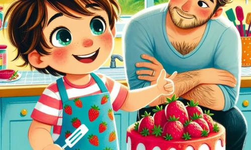 Un bambino di 3 anni, di nome Luca, con capelli castani disordinati e grandi occhi scintillanti di gioia, è in piedi in una cucina colorata, sorridendo con orgoglio. Indossa un grembiule blu con motivi di fragole e tiene una spatola in una mano, mentre con l'altra mostra una grande e deliziosa torta decorata con fragole rosse lucenti. Accanto a lui, suo padre, un uomo di circa 30 anni con capelli castani e una leggera barba, sorride con tenerezza, vestito con una t-shirt casual e jeans, ammirando la torta con le braccia incrociate, pieno di orgoglio per suo figlio. La cucina è luminosa e accogliente, con pareti gialle, mensole piene di barattoli di spezie colorate e una finestra aperta che lascia entrare la luce del sole. Sul tavolo, ingredienti sparsi come farina e fragole aggiungono un tocco di allegria alla scena. Luca, tutto eccitato, presenta la sua creazione per la festa del papà, pronto a condividere questo momento speciale con suo padre, che è commosso dall'impegno e dall'amore che suo figlio ha messo in questa sorpresa.