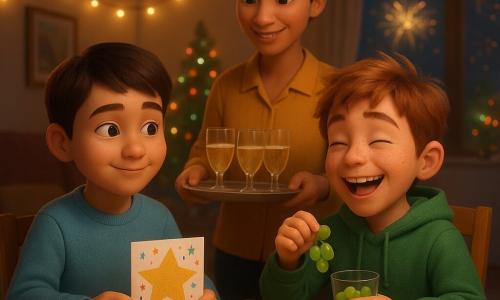 Hay 3 personas: dos niños principales — Zen, niño de 11 años, rostro tranquilo y redondeado, cabello castaño corto, ojos dulces, suéter azul claro; está sentado a la izquierda, sostiene una tarjeta decorada con una estrella dorada y sonríe mirando a su amigo; Dani, niño de 11 años, cabello castaño despeinado, pecas, sonrisa amplia y enérgica, sudadera verde; sentado a la derecha, sostiene un vaso pequeño con uvas y ríe mientras intenta coger una racima con la otra mano. Una mujer adulta, madre de Zen, unos 35 años, cabello recogido, blusa mostaza cálida, rostro acogedor; está de pie detrás de la mesa trayendo una bandeja con vasos sin alcohol y mira a los niños con ternura. Interior de salón cálido de noche: mesa de madera clara en el centro, guirnaldas luminosas en la pared, árbol de Navidad desenfocado con luces, ventana entreabierta que deja ver fuegos artificiales a lo lejos, tazas de chocolate y un frasco cerrado de purpurina sobre la mesa; iluminación cálida y texturas suaves. Situación: Nochevieja al dar las doce campanadas; los niños comen uvas lado a lado, Zen aprieta una tarjeta hecha a mano, Dani ríe intentando coger una racima, la madre sirve los vasos para brindar; ambiente íntimo y festivo con pequeños detalles como confeti, cintas de papel y estrellas adhesivas.