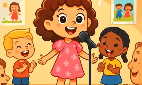 Una bambina di 6 anni, Sofia, con grandi occhi curiosi e capelli ricci castani, si trova sul palco, radiosa di fiducia e gioia. Indossa un bel vestito rosa a fiori e sorride ampiamente, le guance leggermente arrossate dall'emozione. Accanto a lei, i suoi amici, un ragazzo di 6 anni con capelli biondi e una ragazza di 6 anni con trecce nere, la incoraggiano con sorrisi entusiasti. I loro occhi brillano di ammirazione. La scena si svolge in un'aula decorata con festoni colorati e disegni di bambini appesi alle pareti. Genitori e compagni di classe sono seduti su sedie, applaudendo con entusiasmo. Sofia canta con passione, la sua voce chiara risuona nella stanza, mentre i suoi amici la accompagnano in coro, creando un'atmosfera gioiosa e festosa. Le luci scintillanti del soffitto aggiungono un tocco magico a questo momento di condivisione e fiducia in sé.