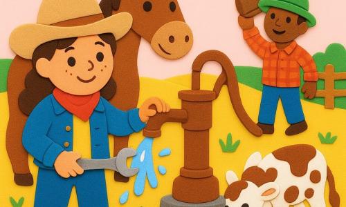 A smiling, brave cowgirl with a round freckled face, beige felt hat, red scarf and denim jacket uses a small shiny wrench to loosen an old metal water pump as water sprays in round drops and bright arcs; behind her left stands her gentle brown horse Star nuzzling her shoulder, two small playful spotted calves sniff at a trough to the right, and a forty-year-old neighbor in a rolled hat and plaid shirt lifts a heavy branch to help near a wooden fence; the rusted metal pump on a stone base has a pebble stuck in the mechanism and a worn wooden handle, set in a wide golden prairie with banded tall grasses, a few flowers and a pale pink dawn sky, warm reassuring atmosphere.