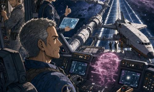Um piloto de cerca de cinquenta anos, rosto marcado, cabelos curtos grisalhos, expressão concentrada e serena, vestindo um traje espacial azul gasto, sentado no posto de pilotagem com as mãos no manche e olhando pela janela enquanto guia a nave; uma técnica de cerca de 30 anos, cabelos pretos em rabo de cavalo, pele clara, olhos cansados mas aliviados, em pé na abertura da estação com um tablet iluminado apontando dados ao piloto; um mecânico de cerca de 35 anos, barba por fazer, macacão cinza manchado de óleo, segurando uma chave inglesa num painel aberto, ligeiramente atrás da técnica, concentrado nos instrumentos; a IA da nave sugerida por uma aura holográfica rosada e linhas de código flutuantes sobre o painel, sem traços humanos; cena espacial externa com um grande farol gravitacional escuro de anéis azuis e violetas, uma estação modular prateada ligada por braços metálicos e um longo corredor de luz estreito que separa duas zonas de partículas, estrelas ao fundo; a nave está acoplada ao fim do corredor, a tripulação troca gestos rápidos e a tensão se transforma em alívio, com luz suave, reflexos metálicos e pequenas partículas flutuantes.