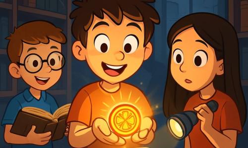 Um garoto de 10 anos, Miguel, com cabelos castanhos bagunçados e olhos brilhantes de curiosidade, segura um pequeno medalhão dourado nas mãos, seu rosto iluminado pela excitação e admiração. Ao seu lado, Ana, uma menina de 9 anos com cabelos longos e lisos, segura uma lanterna e observa o medalhão com uma expressão intrigada, enquanto Lucas, um garoto de 10 anos com óculos e um sorriso travesso, examina um livro velho em uma biblioteca empoeirada. A cena acontece em uma biblioteca escura e misteriosa, com prateleiras de madeira cheias de livros antigos, teias de aranha nos cantos e uma luz suave filtrando pelas janelas empoeiradas. Os três amigos estão diante de um velho pedestal de pedra, onde Miguel acaba de colocar o medalhão, e uma luz dourada começa a emanar dele, iluminando seus rostos maravilhados.