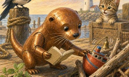 Pip, a small copper mechanical otter with shiny whiskers and glassy round eyes, is focused and gentle, holding an open notebook and carefully pulling a red toy boat with blue stripes free from pieces of driftwood while its bell tinkles; nearby, Milo, a mischievous black magpie with a curious gaze, perches on a post watching with head tilted, and Tansy, a striped tabby kitten, sits by a wooden crate looking relieved; the setting is a worn wooden quay with visible planks, coiled ropes, a cracked mint pot with green leaves, piles of driftwood casting shadows, a white lighthouse in the background and gulls in flight, rendered in warm pencil textures with a calm, reassuring atmosphere.
