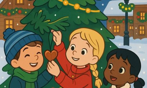 Three children—Lily, about 7, blonde in braids in a red coat holding a small polished wooden heart; Ben, about 7, short brown hair with a blue striped hat and green scarf, lifting the branch to help; and Mia, about 6, black hair in pigtails in a pink coat, watching in wonder—stand in a snowy village square with lampposts and decorated wooden houses around a large Christmas tree; together they hang the wooden heart on a branch as warm garland lights glow and snowflakes fall, joyful expressions centered on the act.